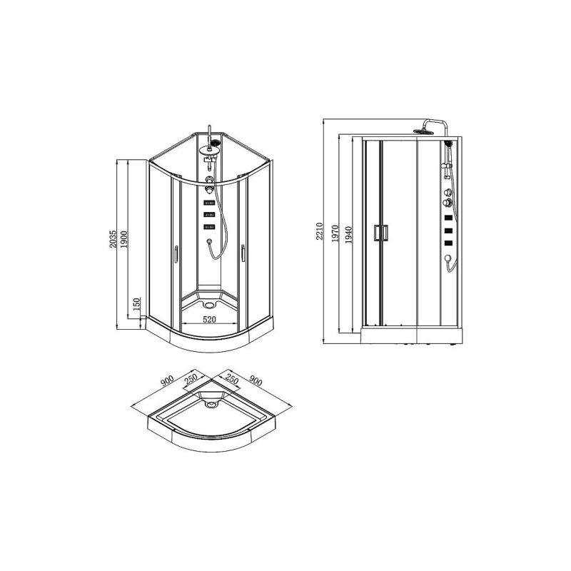 Душевая кабина Loranto NEO 90x90x190, 1/4 круга, поддон 15см, профиль черный-матовый, CS-21811