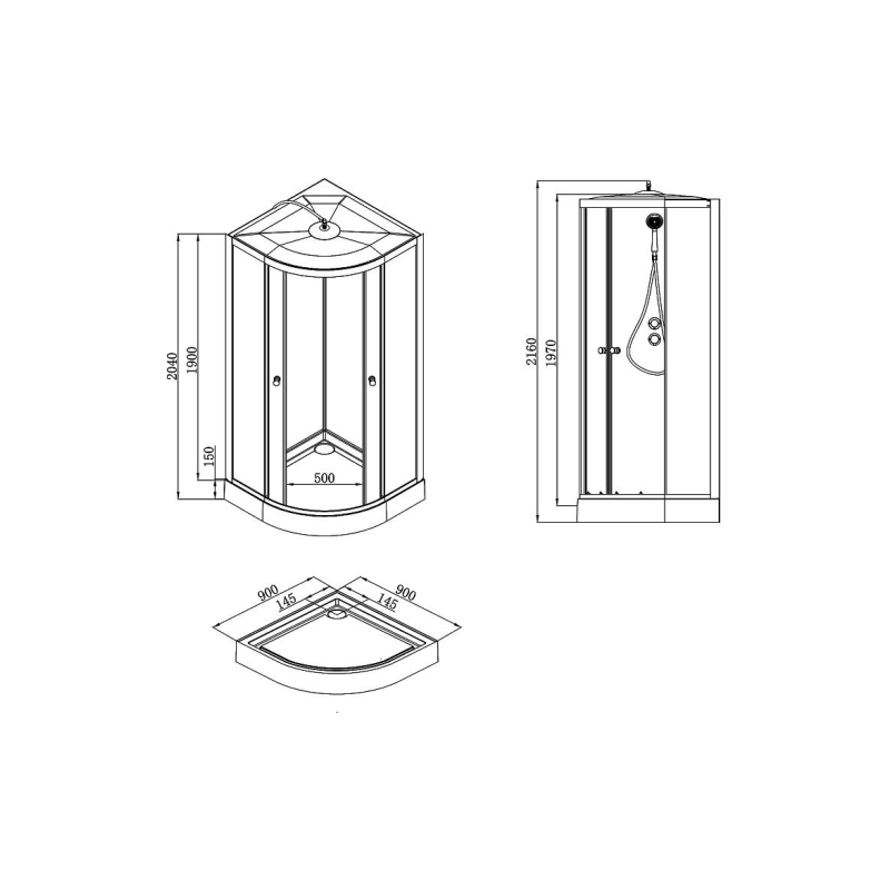 Душевая кабина Loranto NEO 90x90x190, 1/4 круга, поддон 15см, профиль черный-матовый, CS-22109