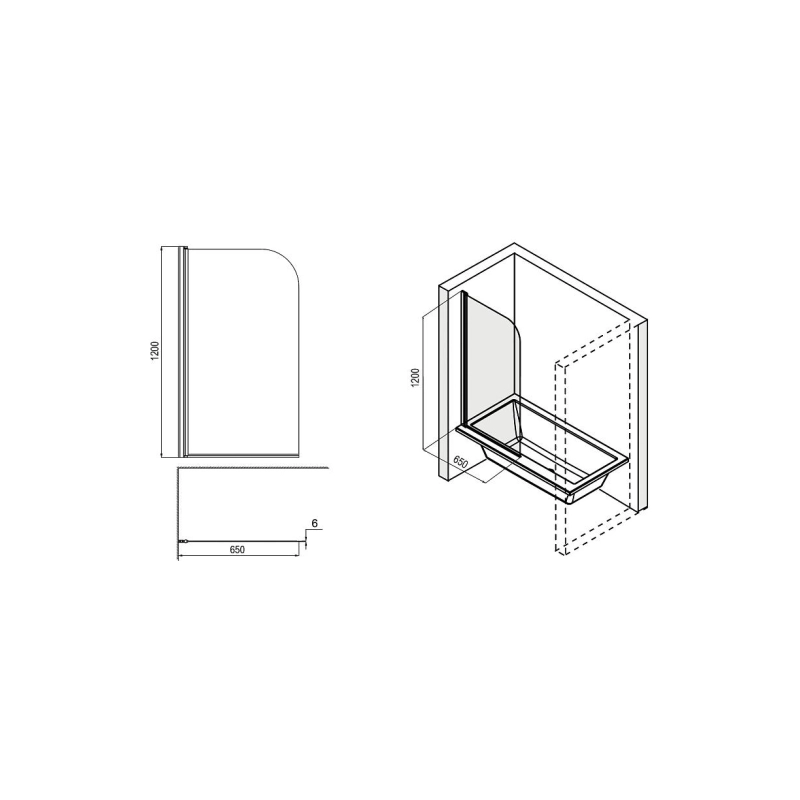 Шторка для ванны Loranto 65х120 см, прозрачное стекло 6 мм, CS-F01