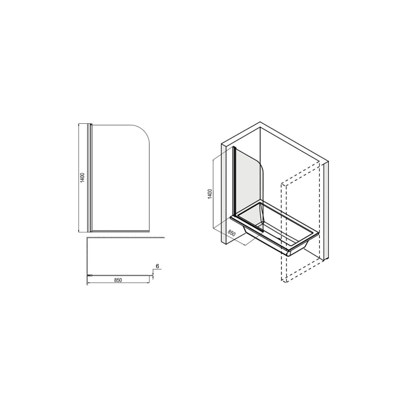 Шторка для ванны Loranto 85х140 см, прозрачное стекло 6 мм, хром, CSL1485