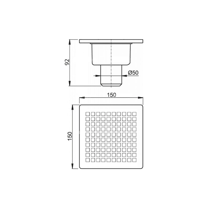 Душевой трап Loranto LINE 150x150 мм, прямой вып.D50, реш.н/сталь, сухой.затв., 30120A050K0151