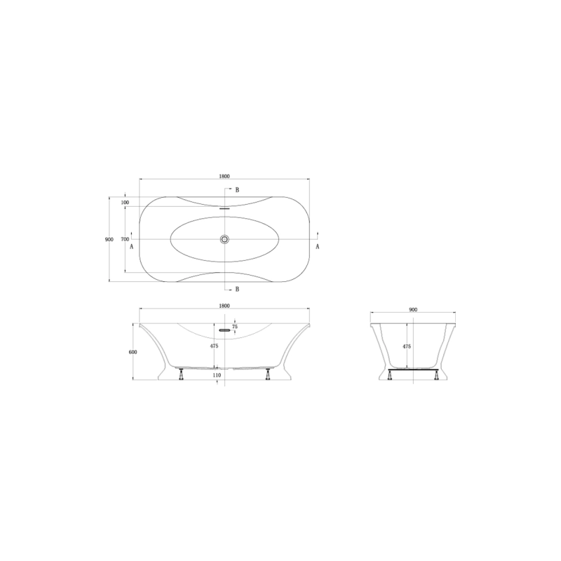 Ванна акрил. BORDEAUX 180x90x60 см свободностоящая (сиф.+мет. рамка) BOR18090