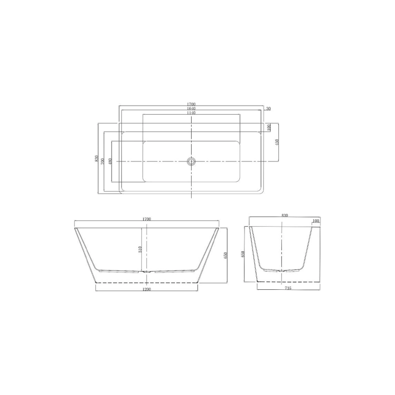 Ванна акрил. OXFORD 170х83х65 см пристенная (сиф.+мет. рамка), OXF17083