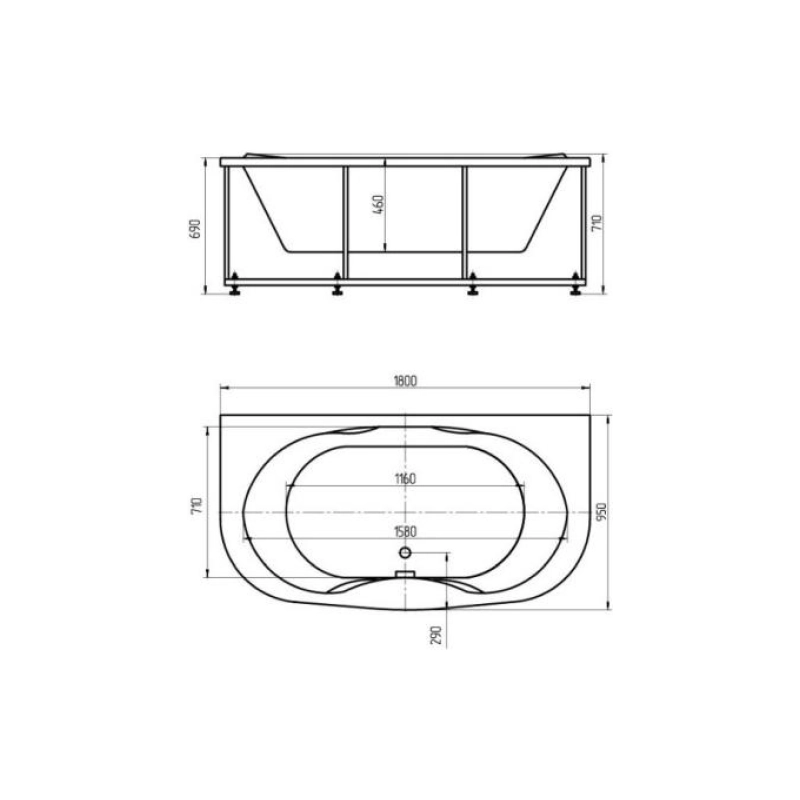 Ванна акрил. Aquatek Мелисса 180x95 см, каркас, без экрана, асимметричная, MEL180-0000006