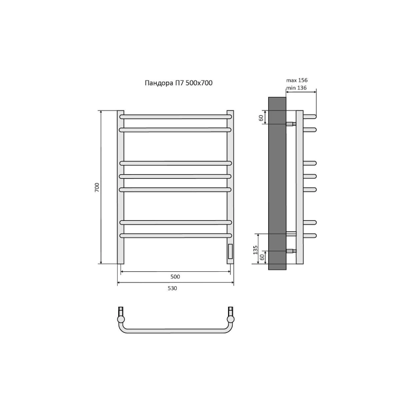 Полотенцесушитель эл. Пандора 500х700, 7 секций, хром, AQ EL RPC0770CH