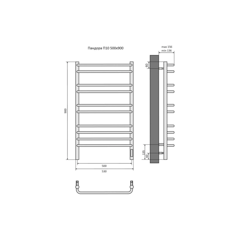 Полотенцесушитель эл. Пандора 500х900, 10 секций, черный муар, AQ EL RPC1090BL