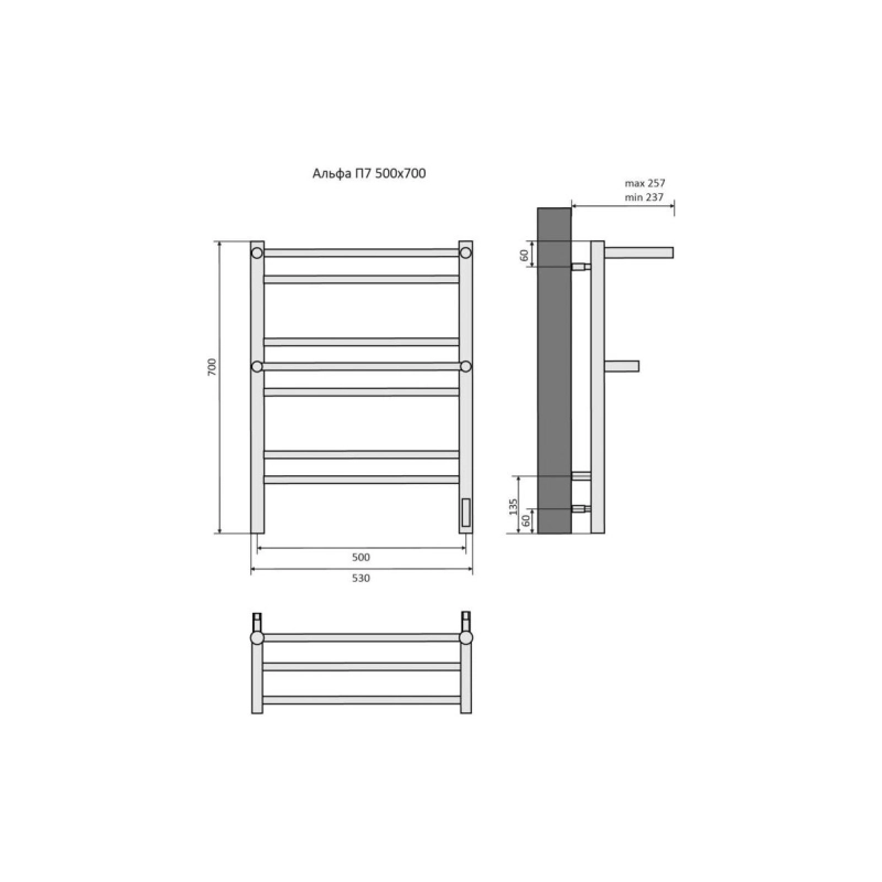 Полотенцесушитель эл. Альфа 500х700, 7 секций, с полкой, хром, AQ EL RRP0770CH