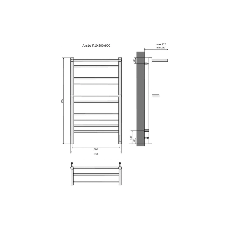 Полотенцесушитель эл. Альфа 500х900 10 секций, с полкой, черный муар, AQ EL RRP1090BL