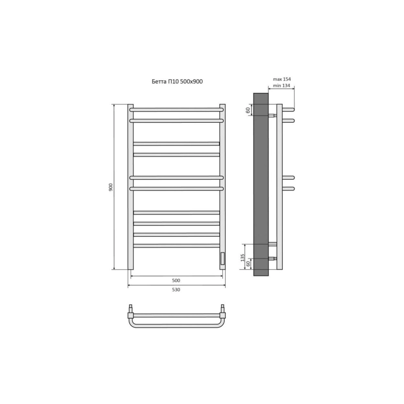 Полотенцесушитель эл. Бетта 500х900, 10 секций, черный муар, AQ EL KRC1090BL