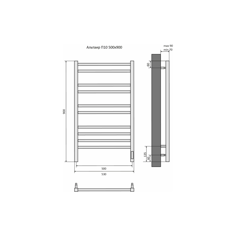Полотенцесушитель эл. Альтаир 500х900, 10 секций, черный муар, AQ EL KP1090BL