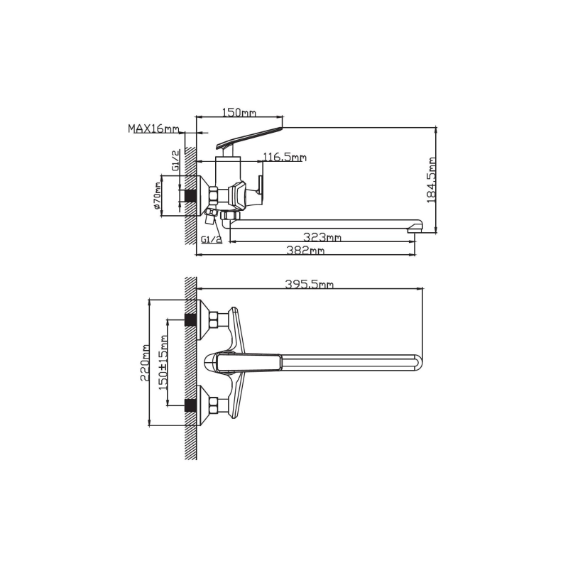 Смеситель Diadonna д/ванны с прям. изливом, монолитный D86-222137BL