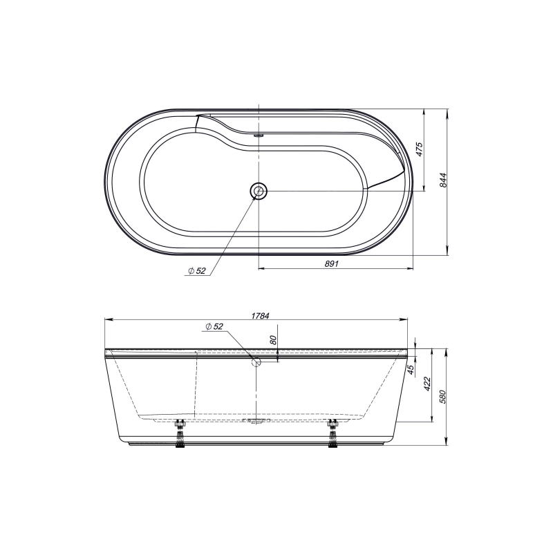 Ванна акрил. Omega 180х85 см, свободностоящая (экран+каркас), УТ000043216