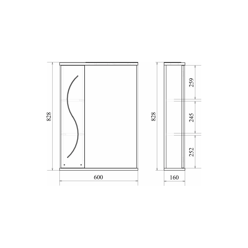 Зеркало-шкаф Сандра 60/2 600х830 (ШВ) выкл. на корпусе, светодиод.подсветка, левый, УТ000043333