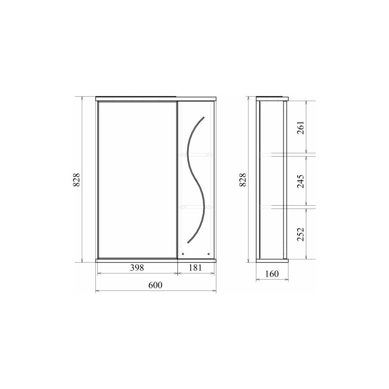 Зеркало-шкаф Сандра 60/2 600х830 (ШВ) выкл. на корпусе, светодиод.подсветка, правый, УТ000043334