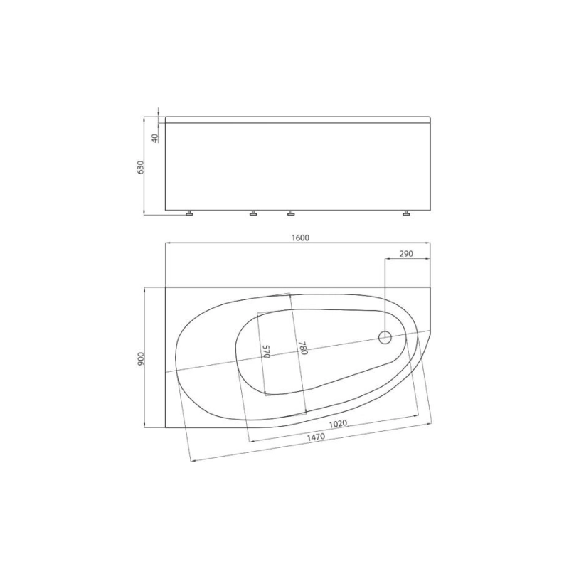 Ванна акрил. Дива 160*90 левая (ножки+панель)