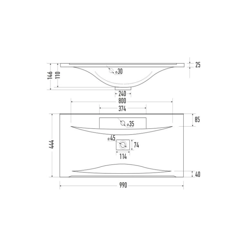 Раковина Premier 100 990х444х150 накладная, прямоугольная, белый, УТ000011746