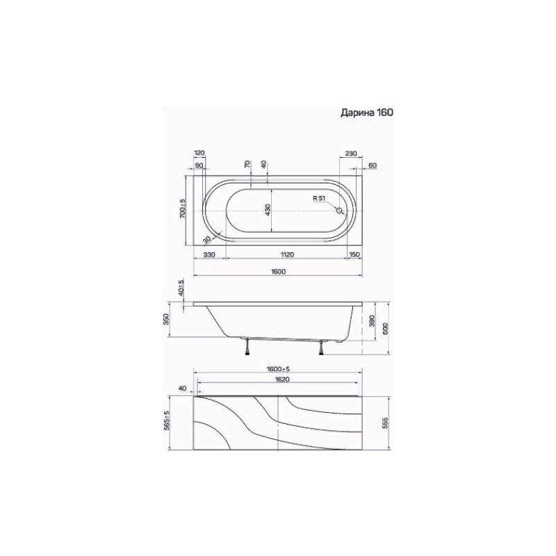 Ванна Poseidon Darina 160х70, прямоугольная, ABS пластик, без каркаса и экрана, 01дар1670