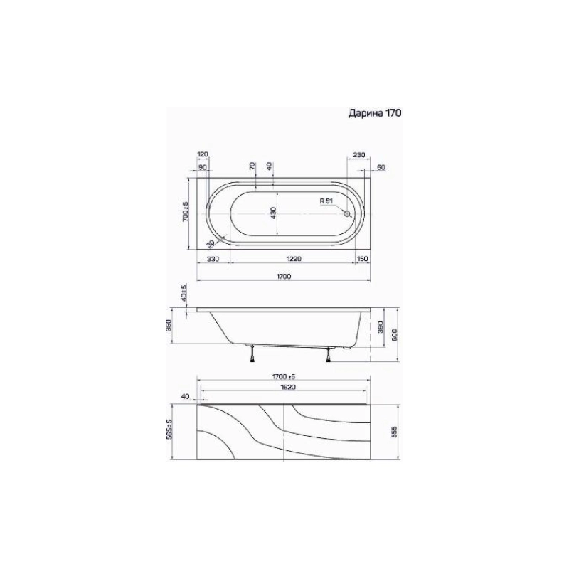 Ванна Poseidon Darina 170х70, прямоугольная, ABS пластик, без каркаса и экрана, 01дар1770