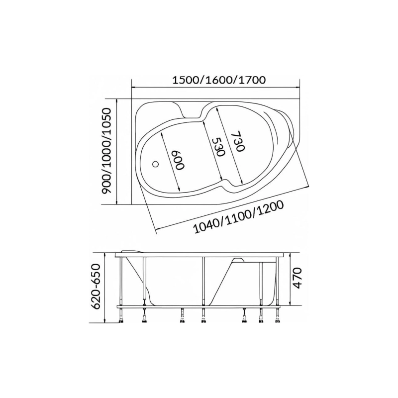 Ванна акрил. DIANA 150x90 см, без экрана и каркаса, правая, 01ди1590п