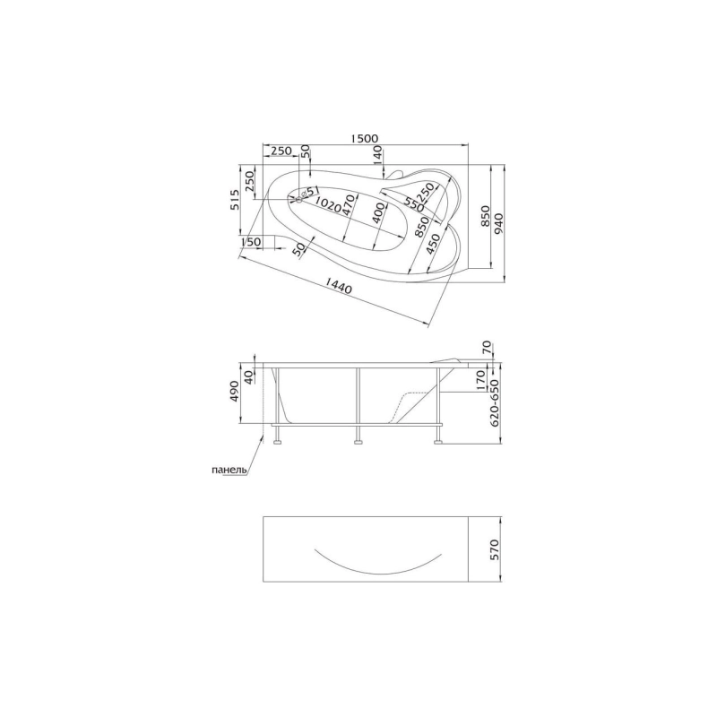 Ванна акрил. GRACIA 150x90 см, без экрана и каркаса, левая, 01гр1590л