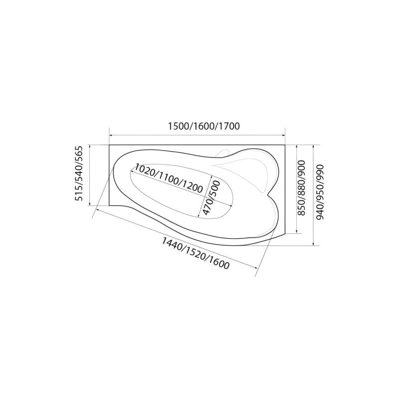 Ванна акрил. GRACIA 150x90 см, без экрана и каркаса, правая, 01гр1590п