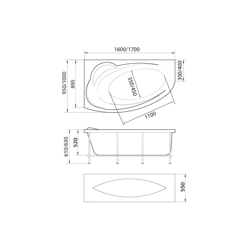 Ванна акрил. JULIANNA 160x95 см, без экрана и каркаса, левая, 01дж1695л