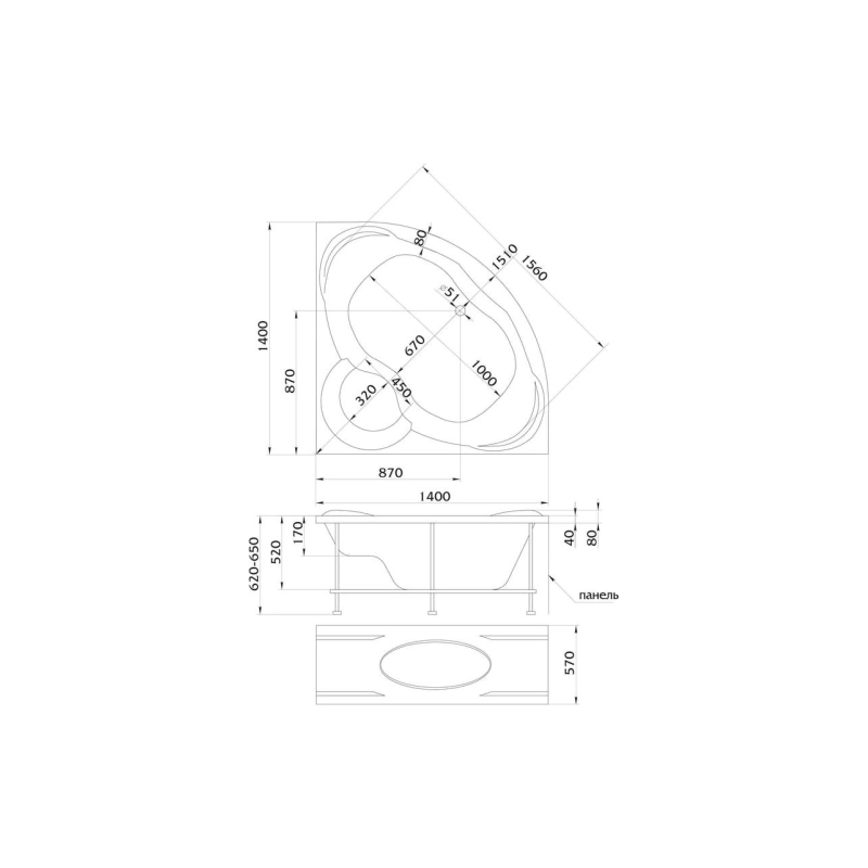 Ванна акрил. TRAPANI 140x140 см, без экрана и каркаса, угловая, 01тр1414