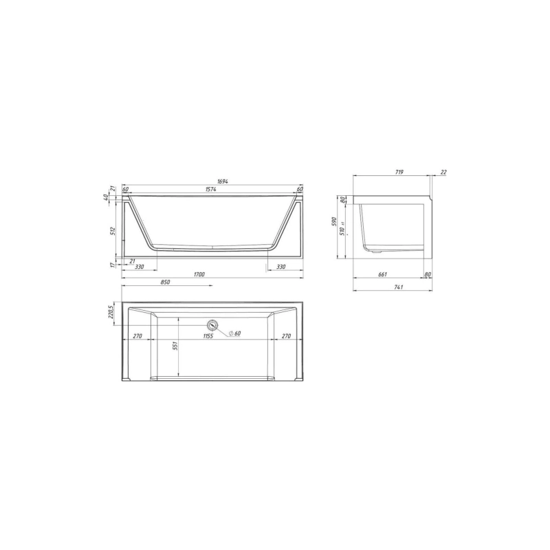 Ванна акрил. NEO 175х75 см, свободностоящая, 1 стекло (принт бетон), сифон, 01нео1775с1