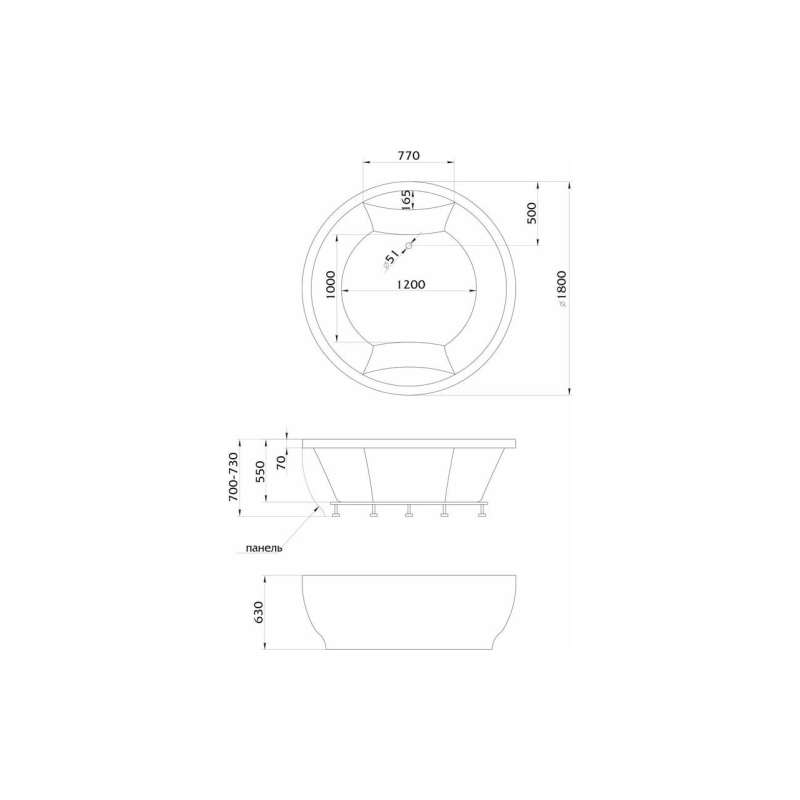 Ванна акрил. OMEGA New 180x180 см круглая, без экрана и каркаса, 01омн1818