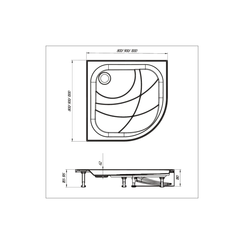 Душевой поддон из ABS пластика Bella NEW 80х80х8 см, 1/4 круга, сифон, с ножками, У28777