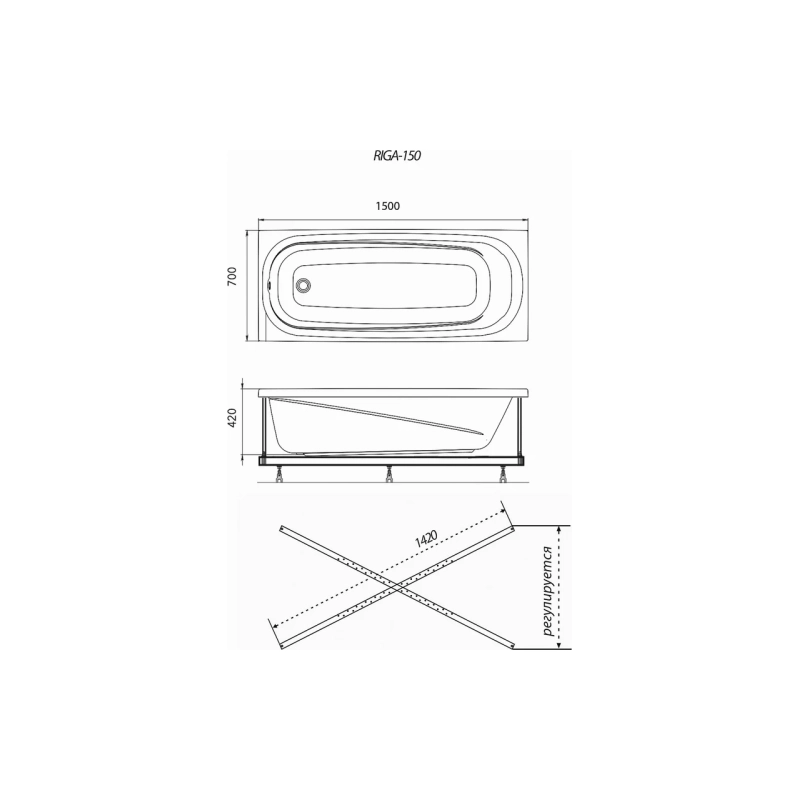 Ванна акрил. 1ACReal Riga 150x70 см прямоугольная, без экрана и каркаса, Щ0000040945
