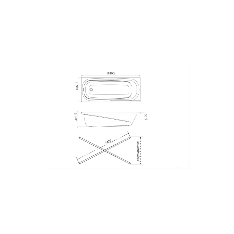 Ванна акрил. 1ACReal Европа 170x70 см прямоугольная, без экрана и каркаса, Щ0000040925