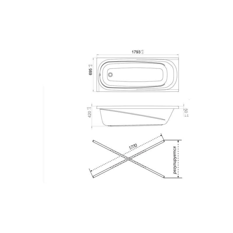 Ванна акрил. 1ACReal Европа 180x70 см прямоугольная, без экрана и каркаса, Щ0000041839