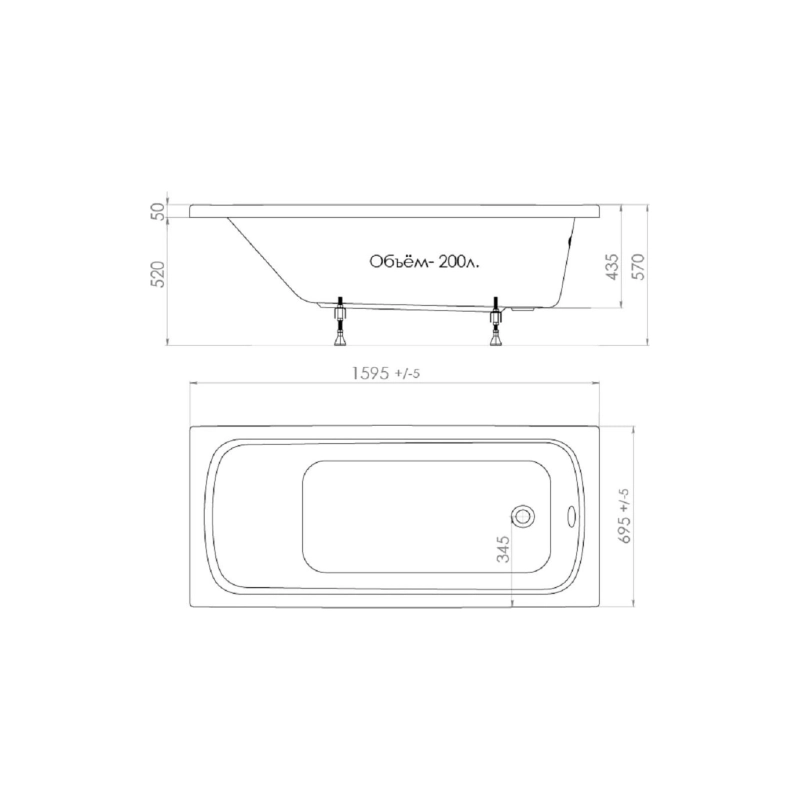 Ванна акрил. Triton Стандарт Экстра 160x70 см прямоугольная, без экрана и каркаса, Н0000099329
