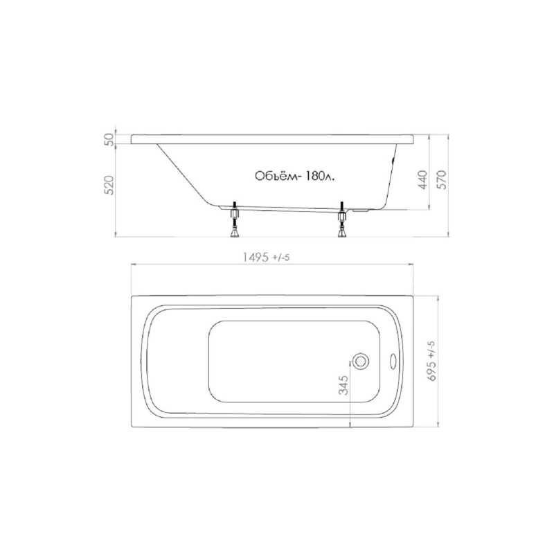 Ванна акрил. Triton Стандарт Экстра 150x70 см прямоугольная, без экрана и каркаса, Н0000099328