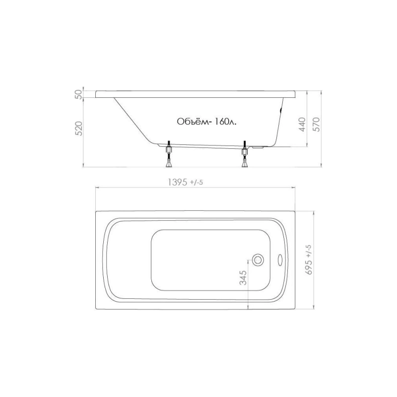 Ванна акрил. Triton Стандарт Экстра 140x70 см прямоугольная, без экрана и каркаса, Н0000099327