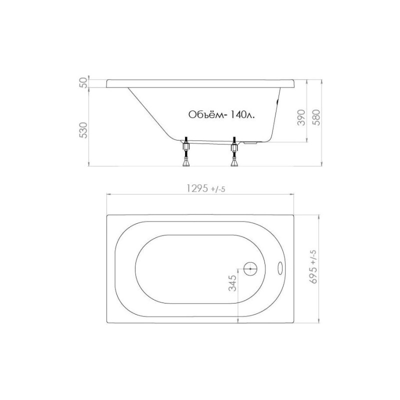 Ванна акрил. Triton Стандарт Экстра 130x70 см прямоугольная, без экрана и каркаса, Н0000099326