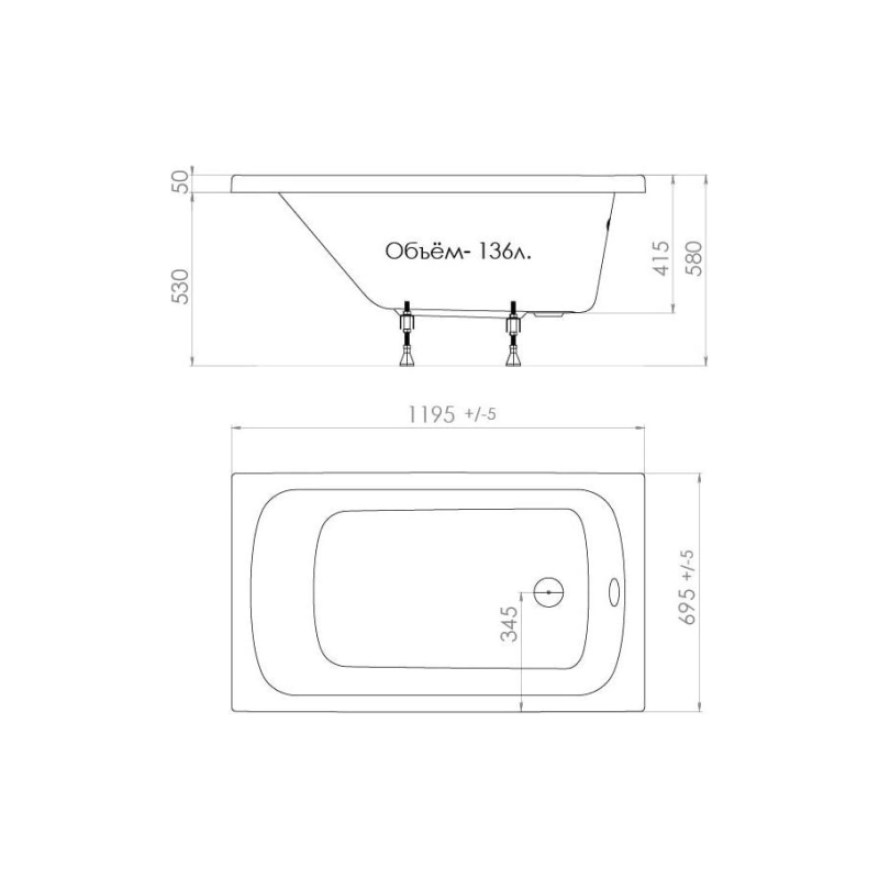 Ванна акрил. Triton Стандарт Экстра 120x70 см прямоугольная, без экрана и каркаса, Н0000099325