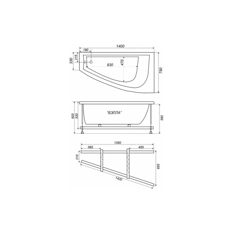 Ванна акрил. Triton Бэлла Экстра 140x76 см, с каркасом, без экрана, правая, Щ0000044964