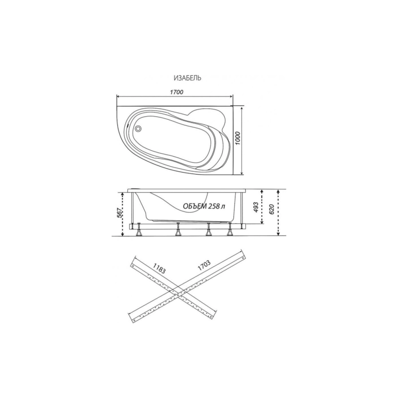 Ванна акрил. Triton Изабель 170x100 см, без экрана и каркаса, левая, Щ0000048746