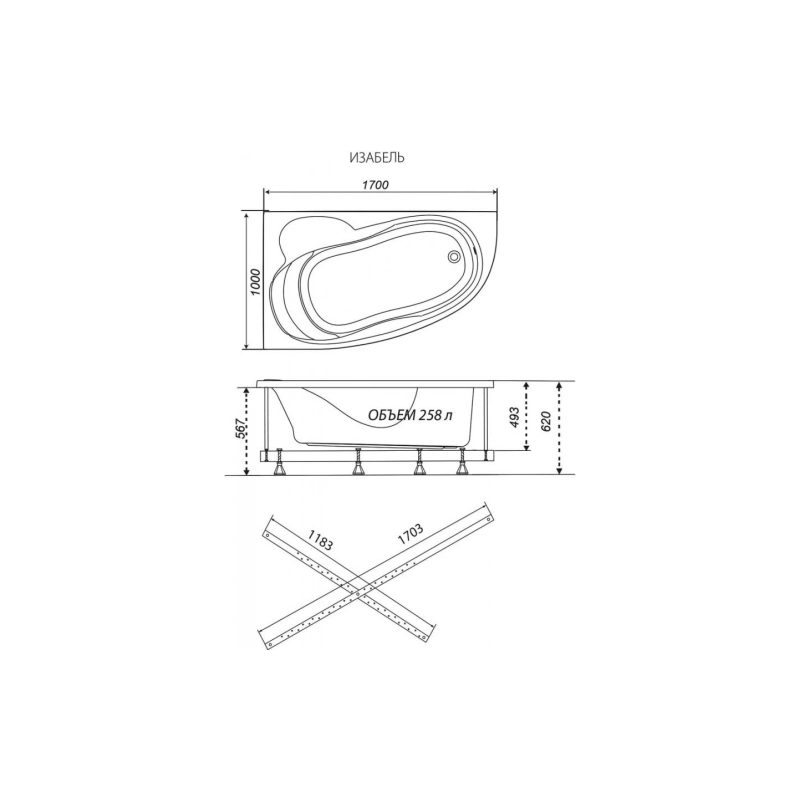 Ванна акрил. Triton Изабель 170x100 см, с каркасом, без экрана, правая, Щ0000050323