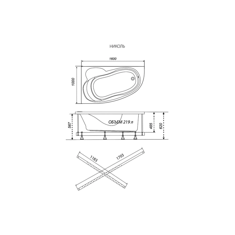 Ванна акрил. Triton Николь 160x100 см, с каркасом, без экрана, правая, Щ0000050331