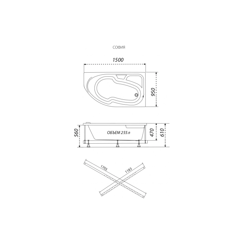 Ванна акрил. Triton София 150x95 см, с каркасом, без экрана, правая, Щ0000067670