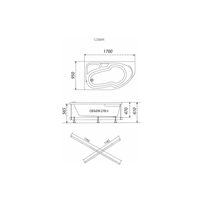 Ванна акрил. Triton София 170x95 см, с каркасом, без экрана, левая, Щ0000047052
