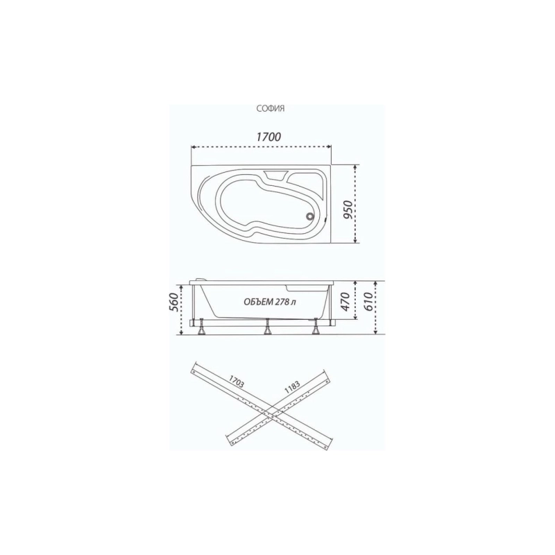 Ванна акрил. Triton София 170x95 см, с каркасом, без экрана, правая, Щ0000047054