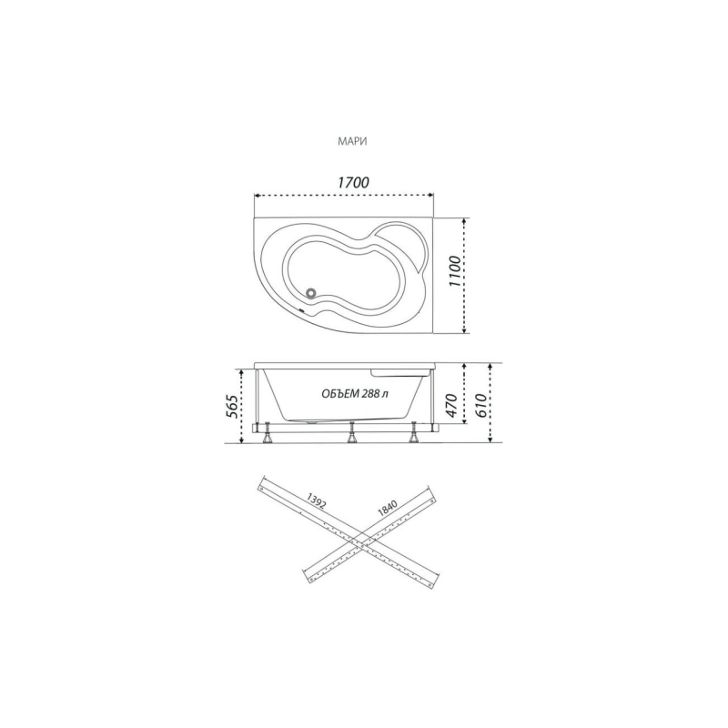 Ванна акрил. Triton Мари 170x110 см, с каркасом, без экрана, левая, Щ0000047048