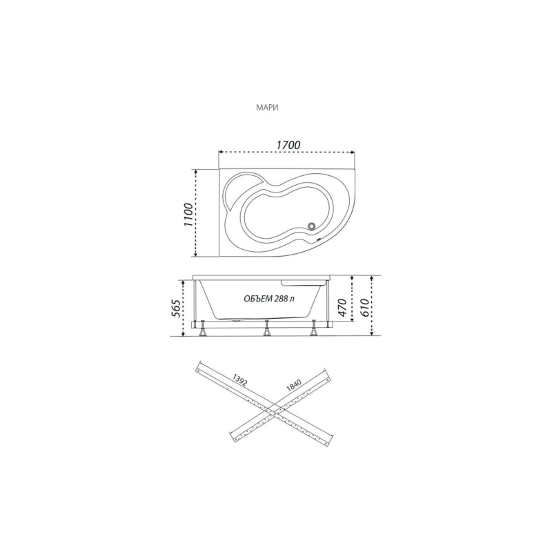 Ванна акрил. Triton Мари 170x110 см, с каркасом, без экрана, правая, Щ0000047050