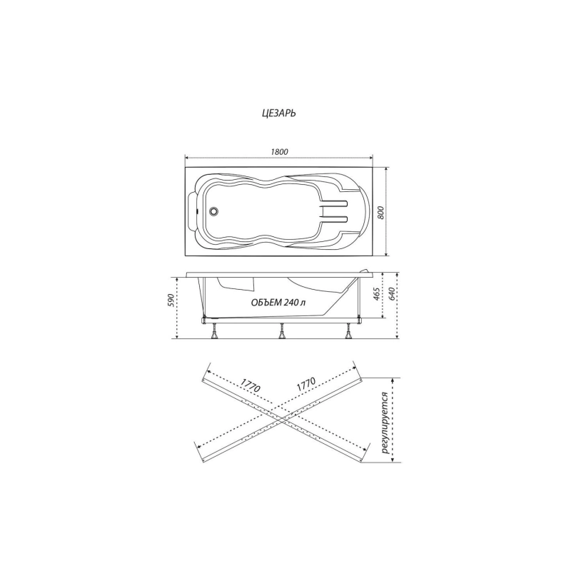 Ванна акрил. Triton Цезарь Экстра 180x80 см прямоугольная, без экрана и каркаса, Н0000099993