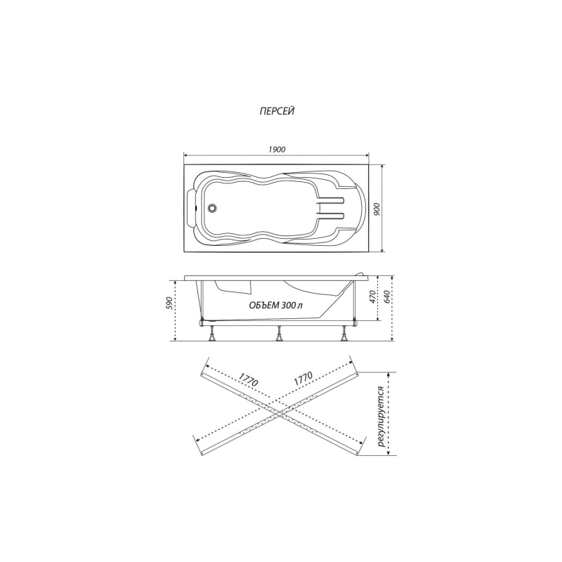 Ванна акрил. Triton Персей Экстра 190x90 см прямоугольная, без экрана и каркаса, Н0000025024