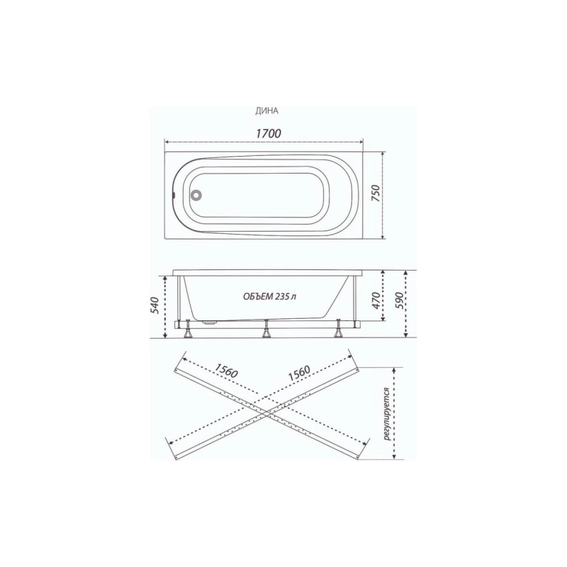 Ванна акрил. Triton Дина 170x75 см прямоугольная, без экрана и каркаса, Щ0000050444